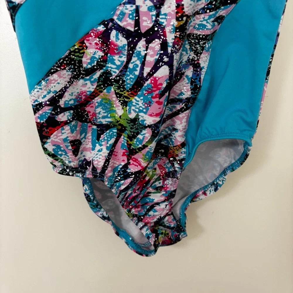 3/$15 Danskin Girls Teal Multi-Color One-Piece leotard gymnastics dance S 6/6X